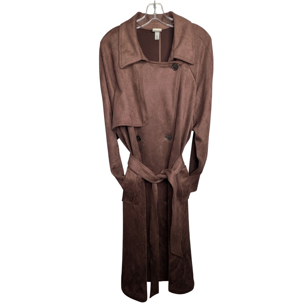 A New Day Womens XXL Faux Suede Trench Coat Brown Double Breasted Belted Jacket